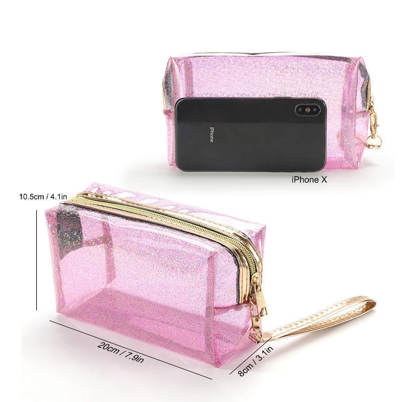 Custom Waterproof PVC Glitter Transparent Toiletries Bag Clear Vinyl Translucent Makeup Pouch Cosmetic Travel Bag