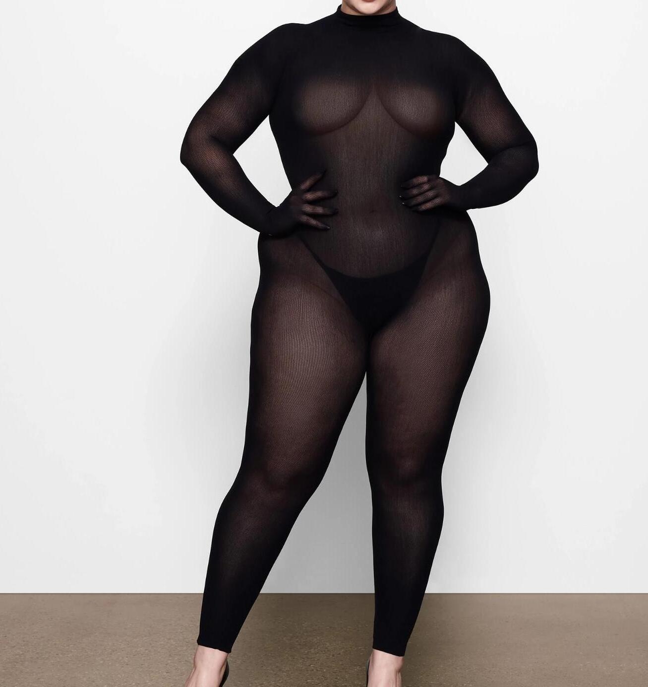 2022 long sleeve sheer mock neck plus size catsuit jumpsuit bodysuit sexy see through mesh jumpsuits for women