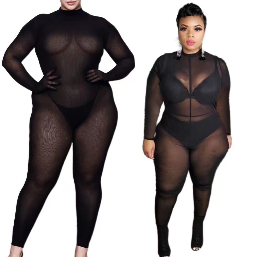 2022 long sleeve sheer mock neck plus size catsuit jumpsuit bodysuit sexy see through mesh jumpsuits for women