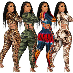 camouflage jumpsuit bodysuit long sleeve hollow out jumpsuit women 2021 5XL legging print leopard jumpsuits plus size