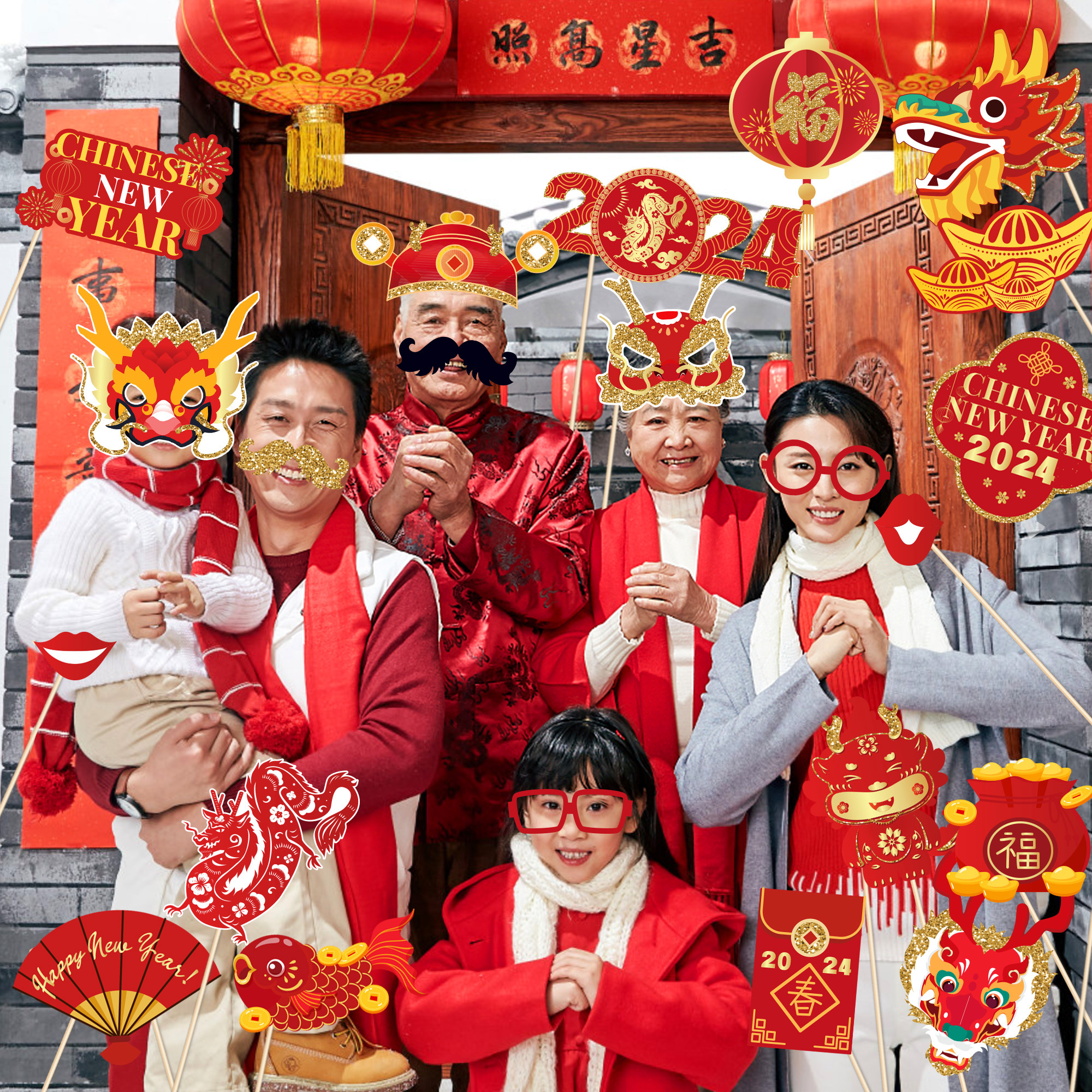 PZ294 Chinese New Year 25pcs Photo Booth Props Kit with Sticks for Spring Festival 2024 Dragon Year Party