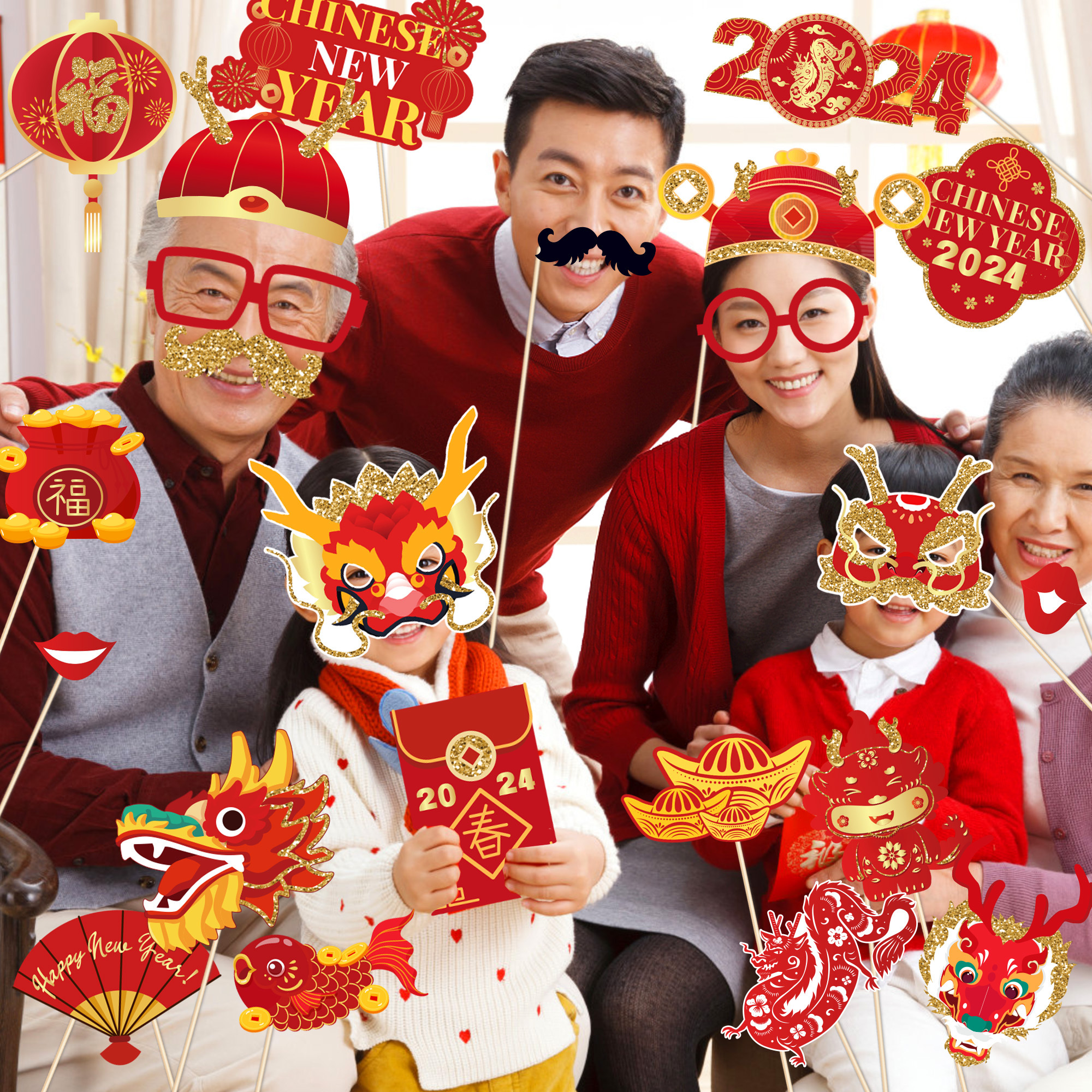 PZ294 Chinese New Year 25pcs Photo Booth Props Kit with Sticks for Spring Festival 2024 Dragon Year Party