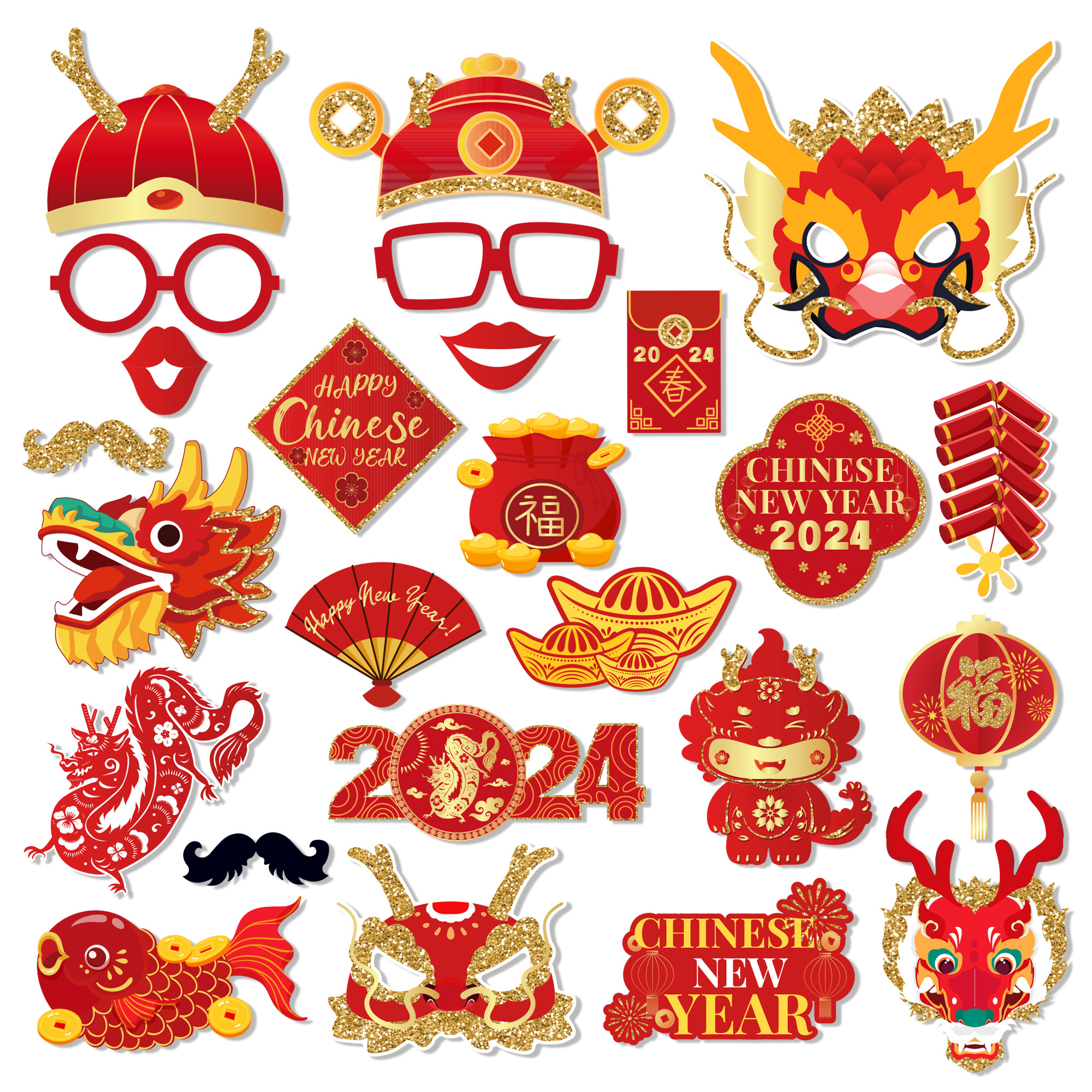 PZ294 Chinese New Year 25pcs Photo Booth Props Kit with Sticks for Spring Festival 2024 Dragon Year Party