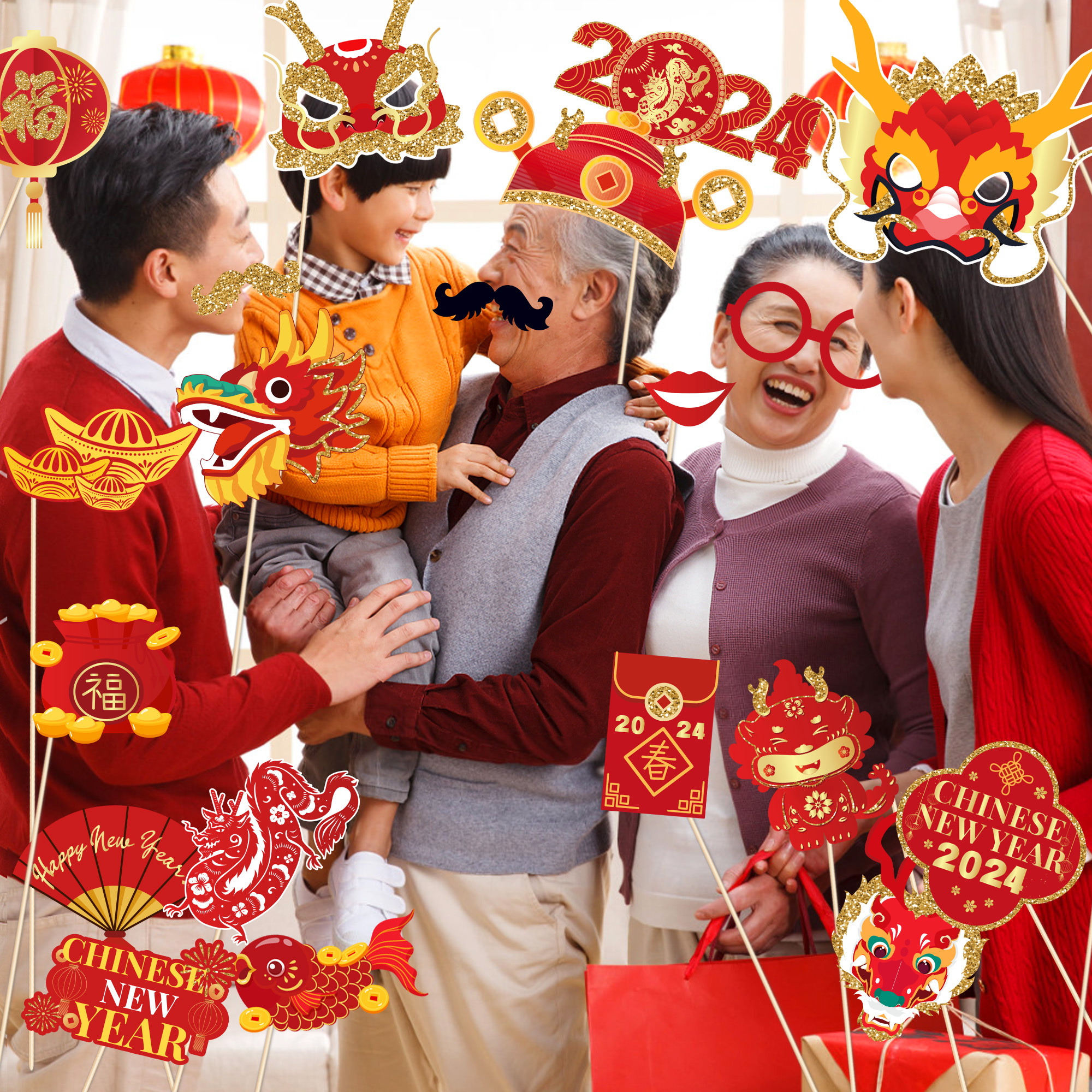 PZ294 Chinese New Year 25pcs Photo Booth Props Kit with Sticks for Spring Festival 2024 Dragon Year Party