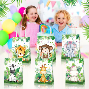 BD108 Safari Animals Jungle Themed Birthday Party Supplies Candy Treat Kraft Paper Bag with Handle for Gift Packaging