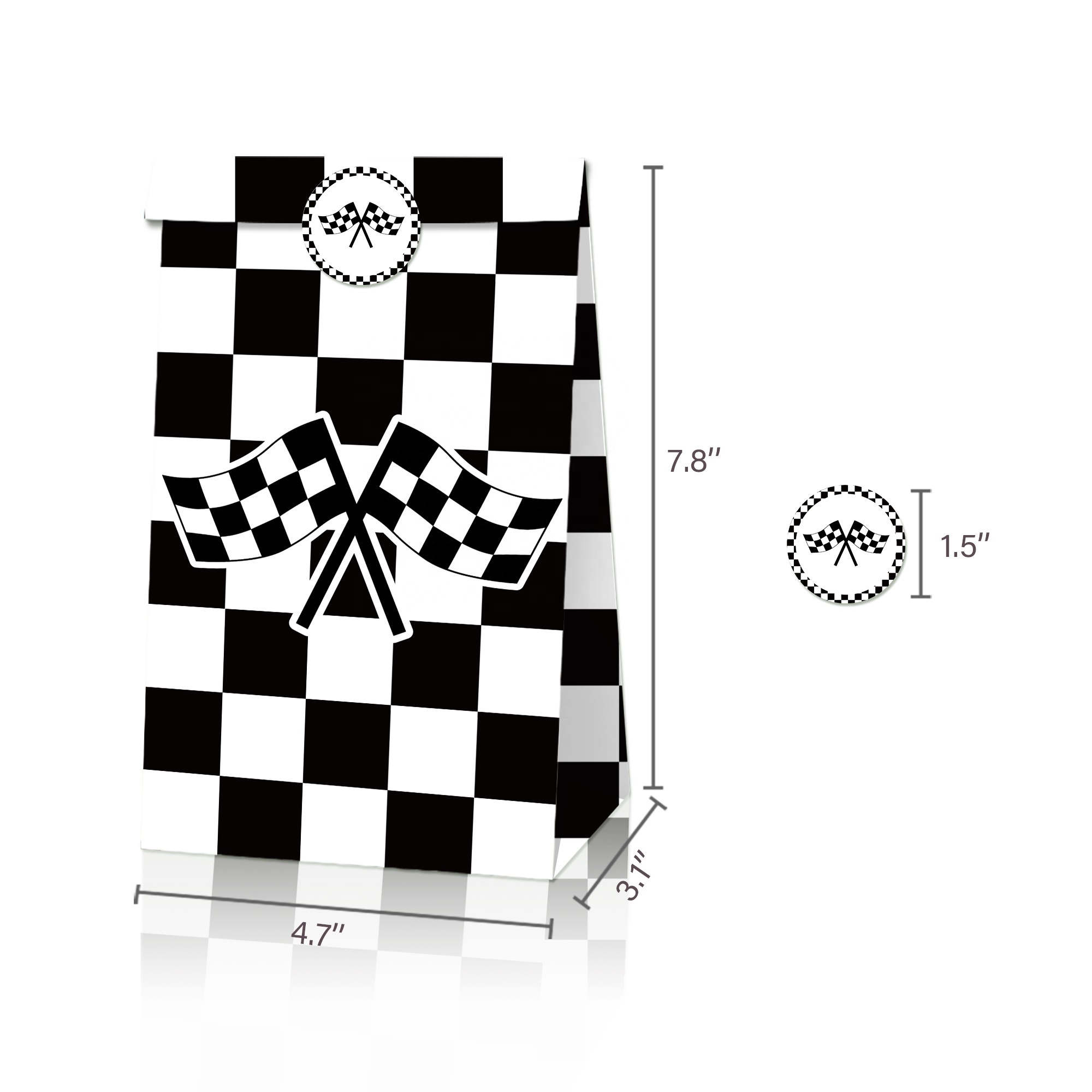 LB116 Black White Checkered Racing Flag Kraft Paper Bags 12 pcs Gift Goodies Candy Treat Bag for Kids Birthday Party Supplies