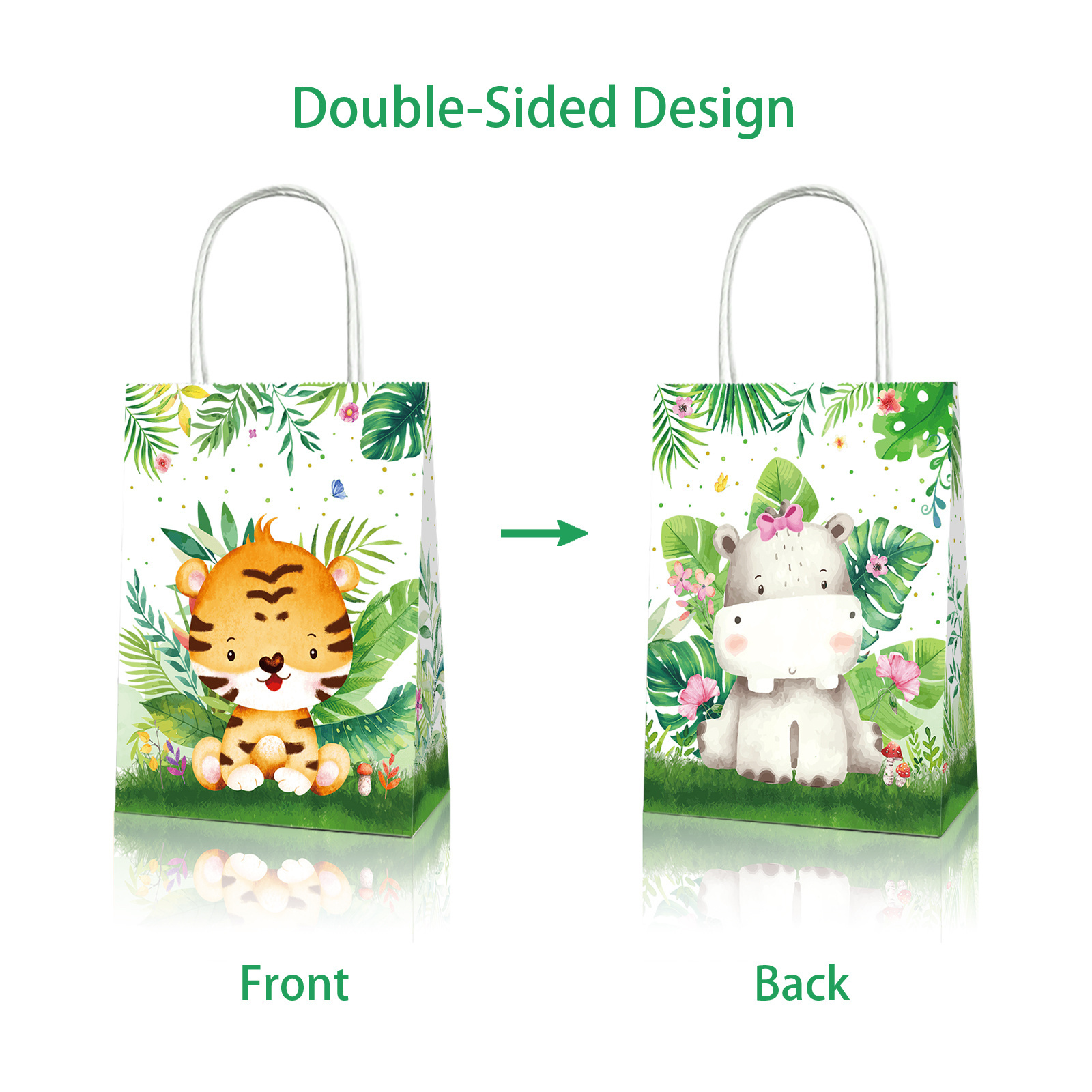 BD108 Safari Animals Jungle Themed Birthday Party Supplies Candy Treat Kraft Paper Bag with Handle for Gift Packaging