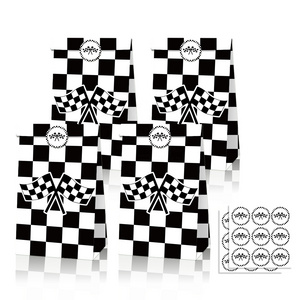 LB116 Black White Checkered Racing Flag Kraft Paper Bags 12 pcs Gift Goodies Candy Treat Bag for Kids Birthday Party Supplies