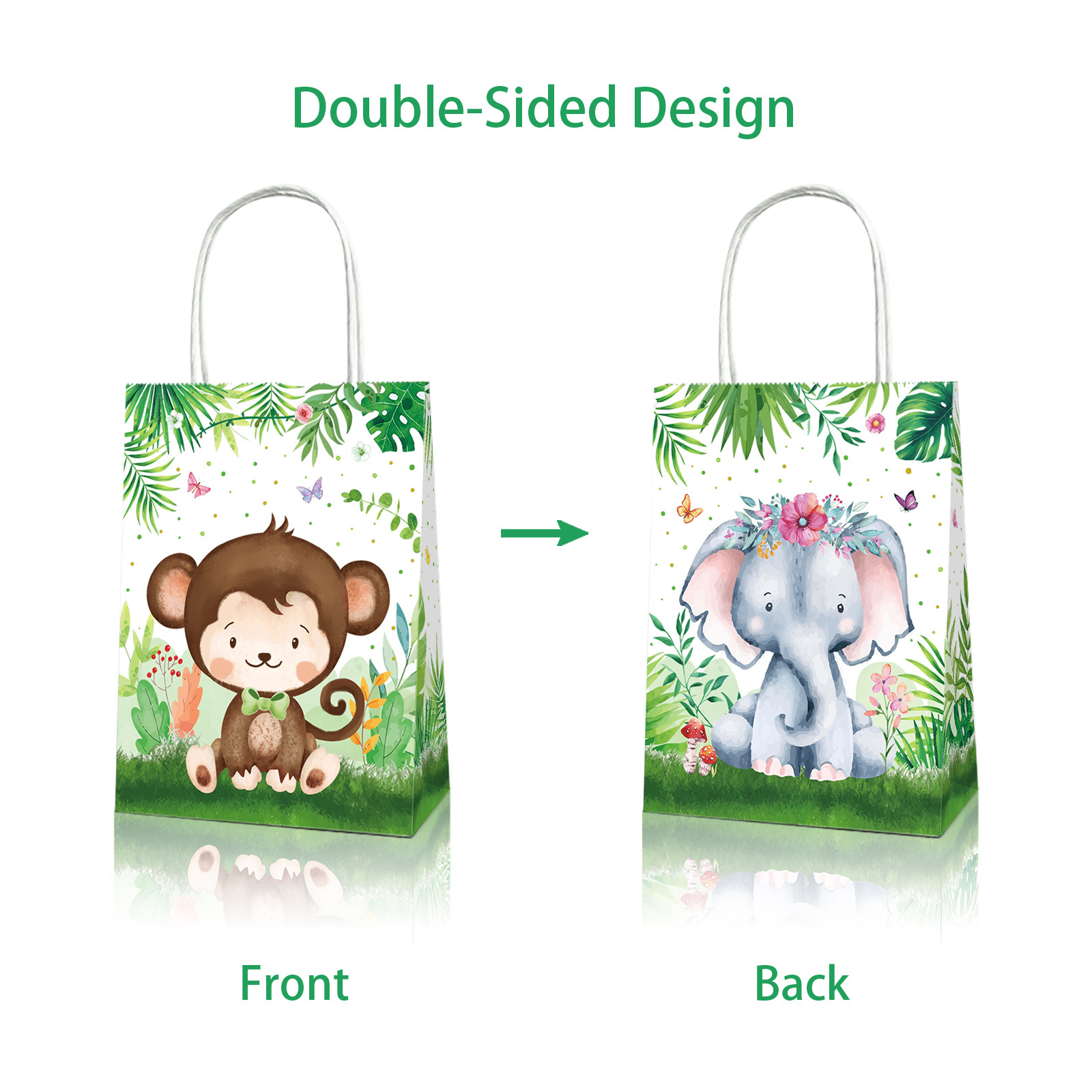 BD108 Safari Animals Jungle Themed Birthday Party Supplies Candy Treat Kraft Paper Bag with Handle for Gift Packaging