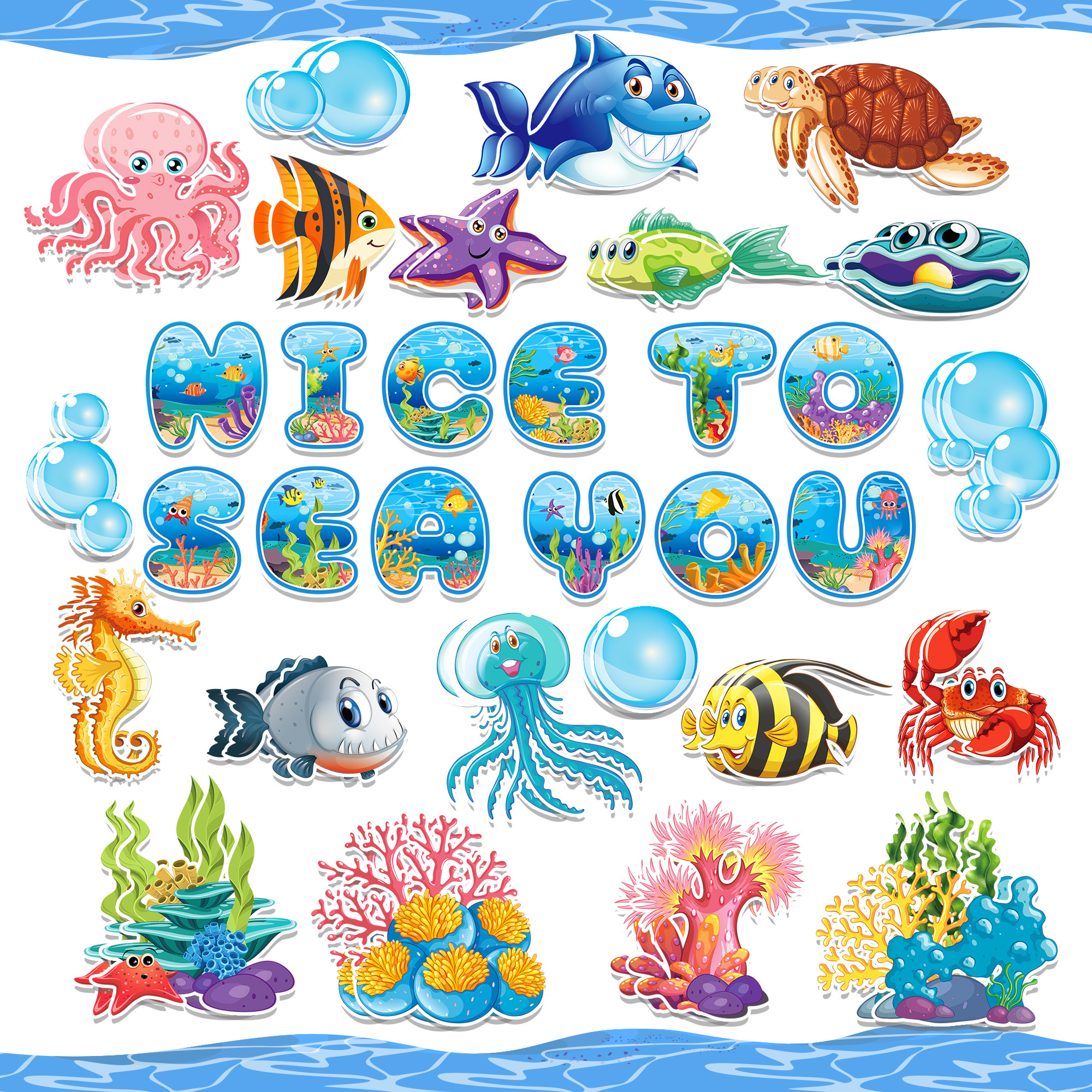 ZK023 Underwater World Party Benthic Organisms Wall Decal Paper Photo Props Decorative Card for Ocean Theme Party