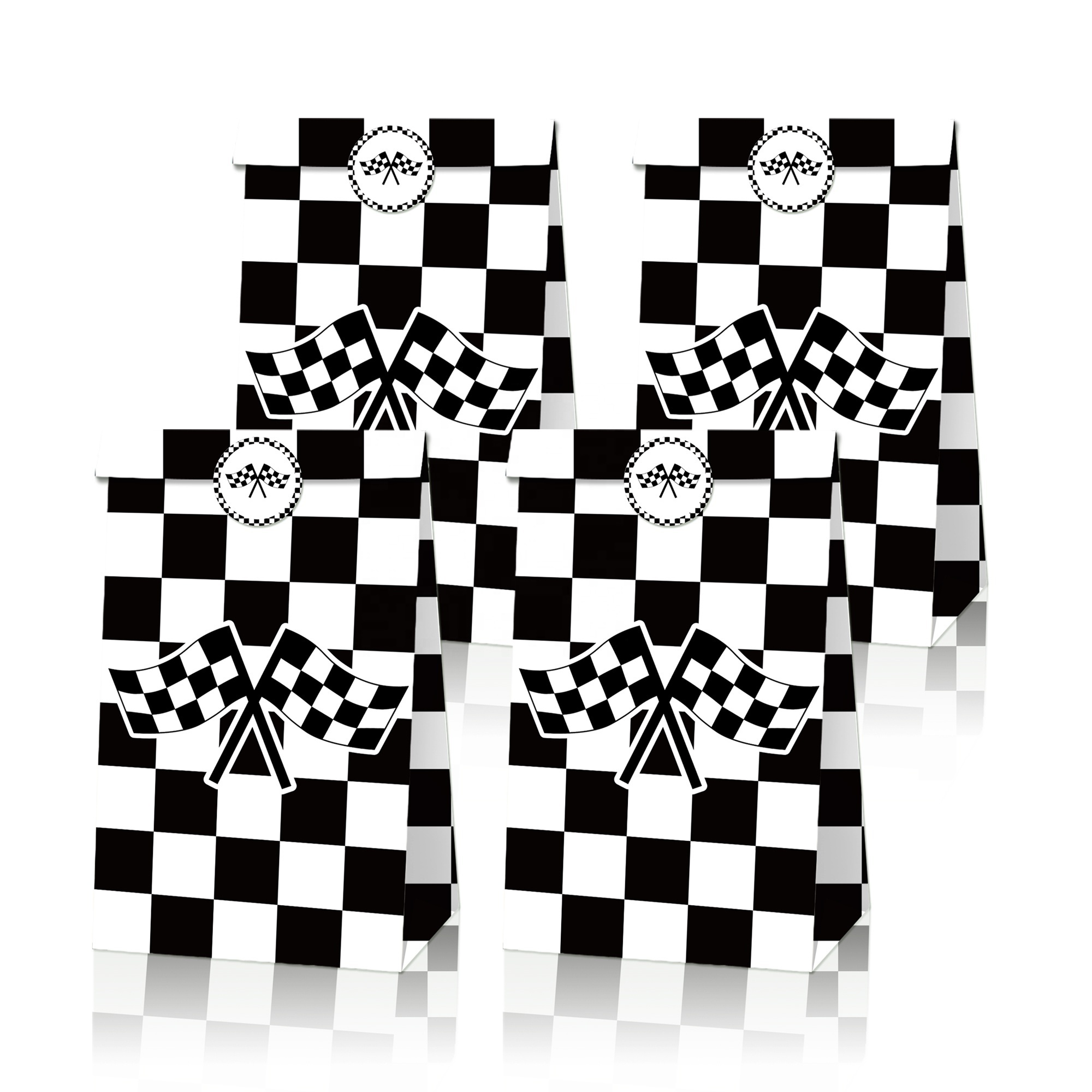 LB116 Black White Checkered Racing Flag Kraft Paper Bags 12 pcs Gift Goodies Candy Treat Bag for Kids Birthday Party Supplies