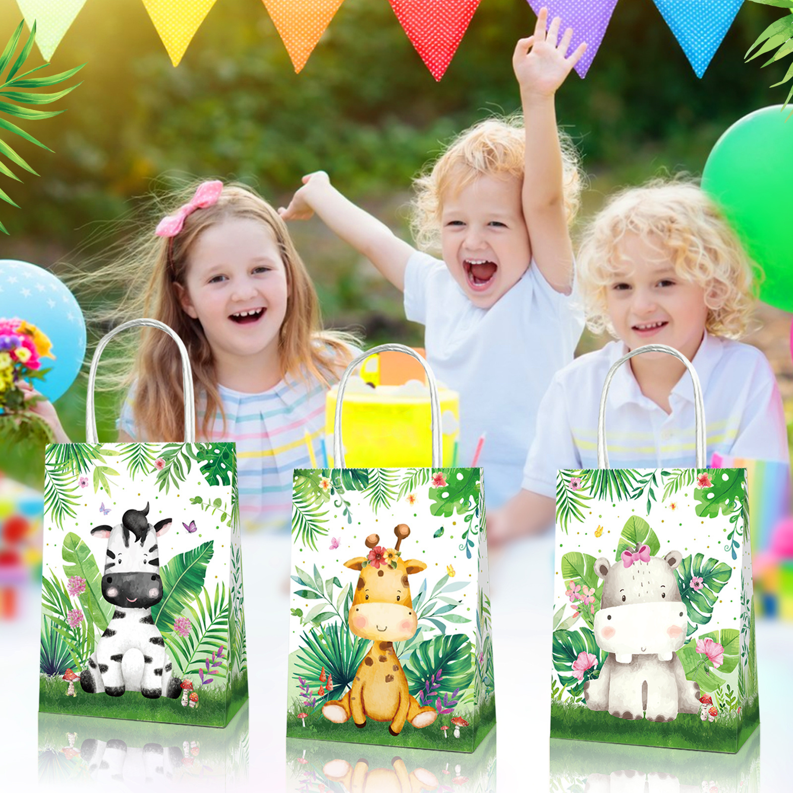 BD108 Safari Animals Jungle Themed Birthday Party Supplies Candy Treat Kraft Paper Bag with Handle for Gift Packaging