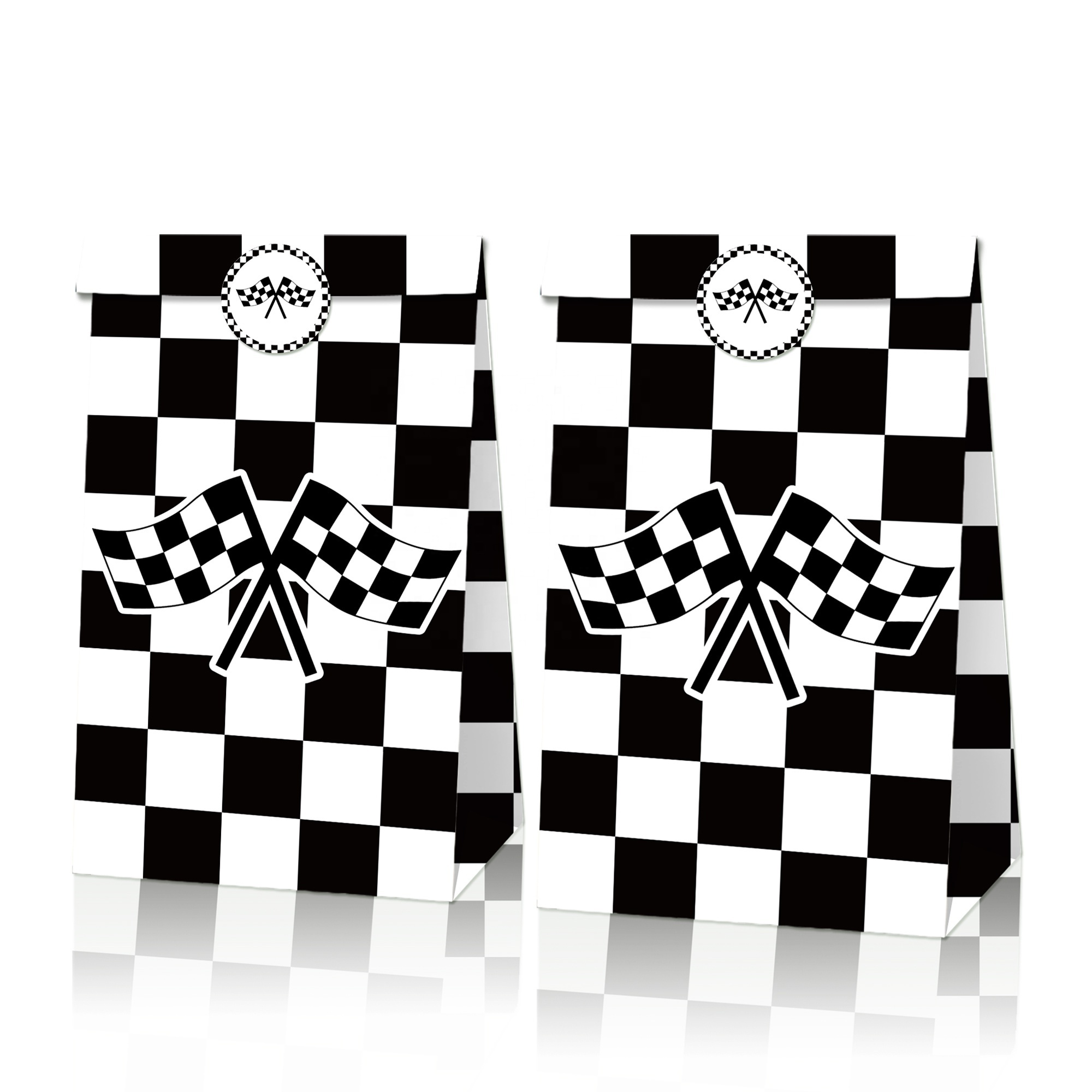 LB116 Black White Checkered Racing Flag Kraft Paper Bags 12 pcs Gift Goodies Candy Treat Bag for Kids Birthday Party Supplies