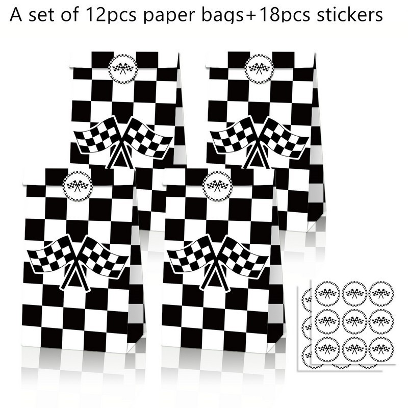 Xindeli LB116 12 pcs Black White Checkered Racing Flag Printed Candy Gift Kraft Paper Bag 18pcs with Stickers