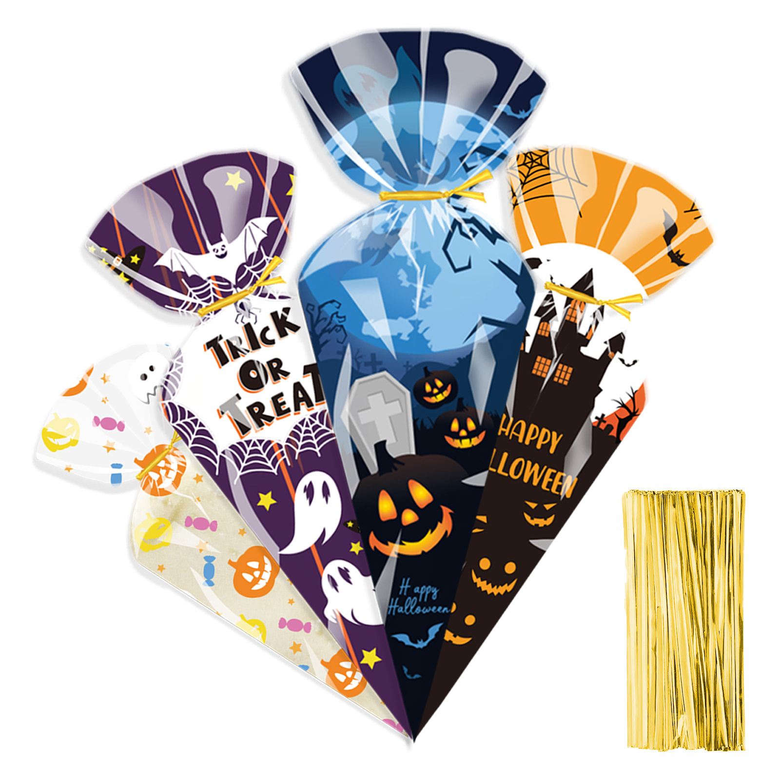 Xindeli BH001 100 pcs Halloween Cone Bags Clear Plastic  Bags Candy Treat Bags with Twist Ties for Halloween Party Supplies