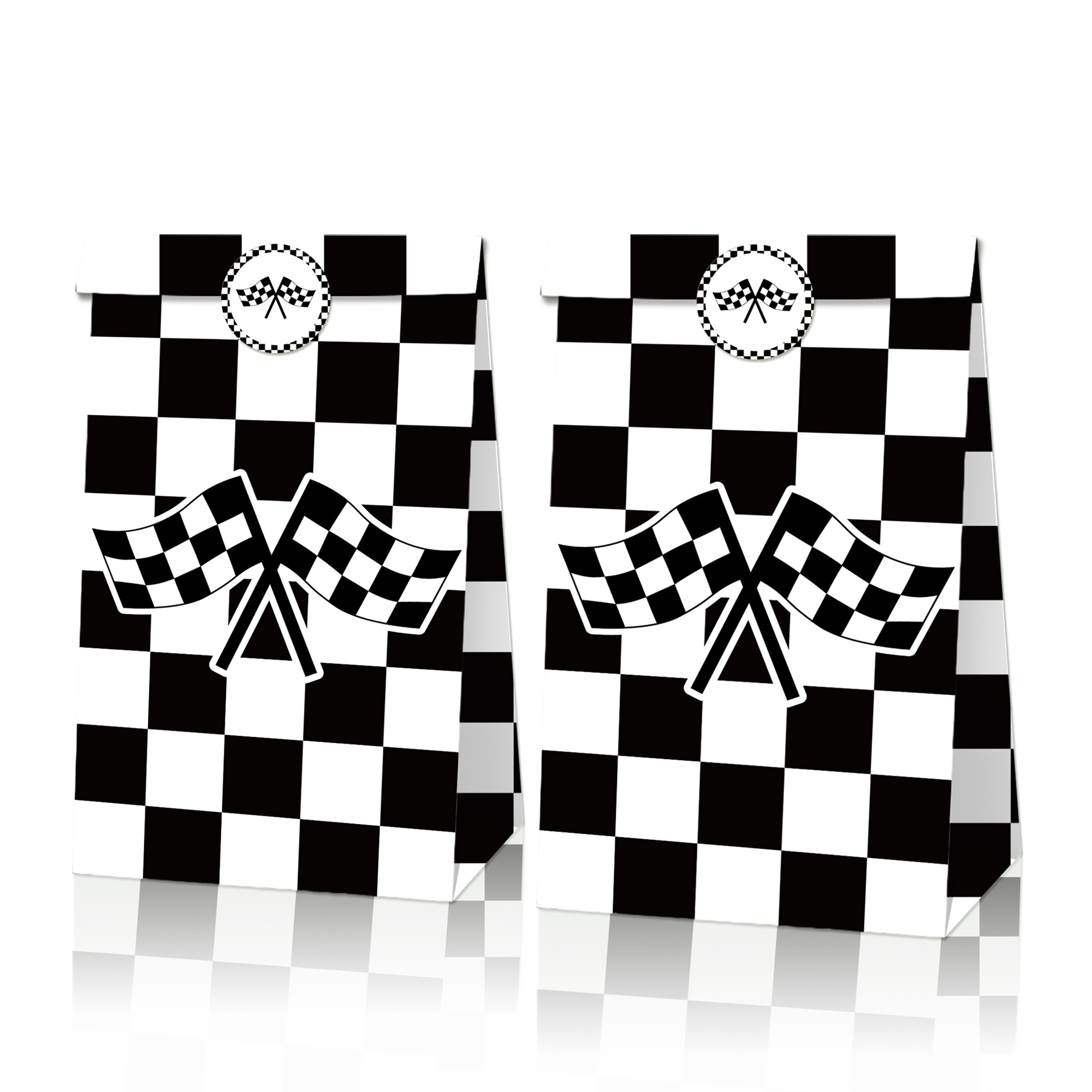 Xindeli LB116 12 pcs Black White Checkered Racing Flag Printed Candy Gift Kraft Paper Bag 18pcs with Stickers