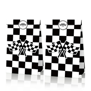 Xindeli LB116 12 pcs Black White Checkered Racing Flag Printed Candy Gift Kraft Paper Bag 18pcs with Stickers