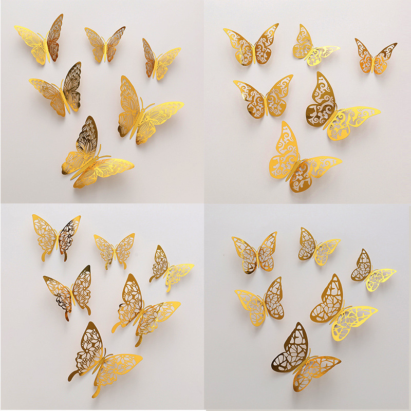 Wholesale 12 Pcs Hollow Gold 3D Butterfly Paper Decoration Wall Sticker Set for Christmas Wedding Birthday Party Decoration