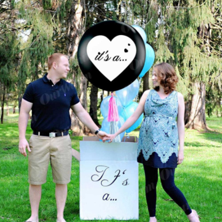 Boy or Girl Baby Shower Decoration Gender Reveal 36 inch Black large Latex Balloon With Blue And Pink Heart Paper Confetti