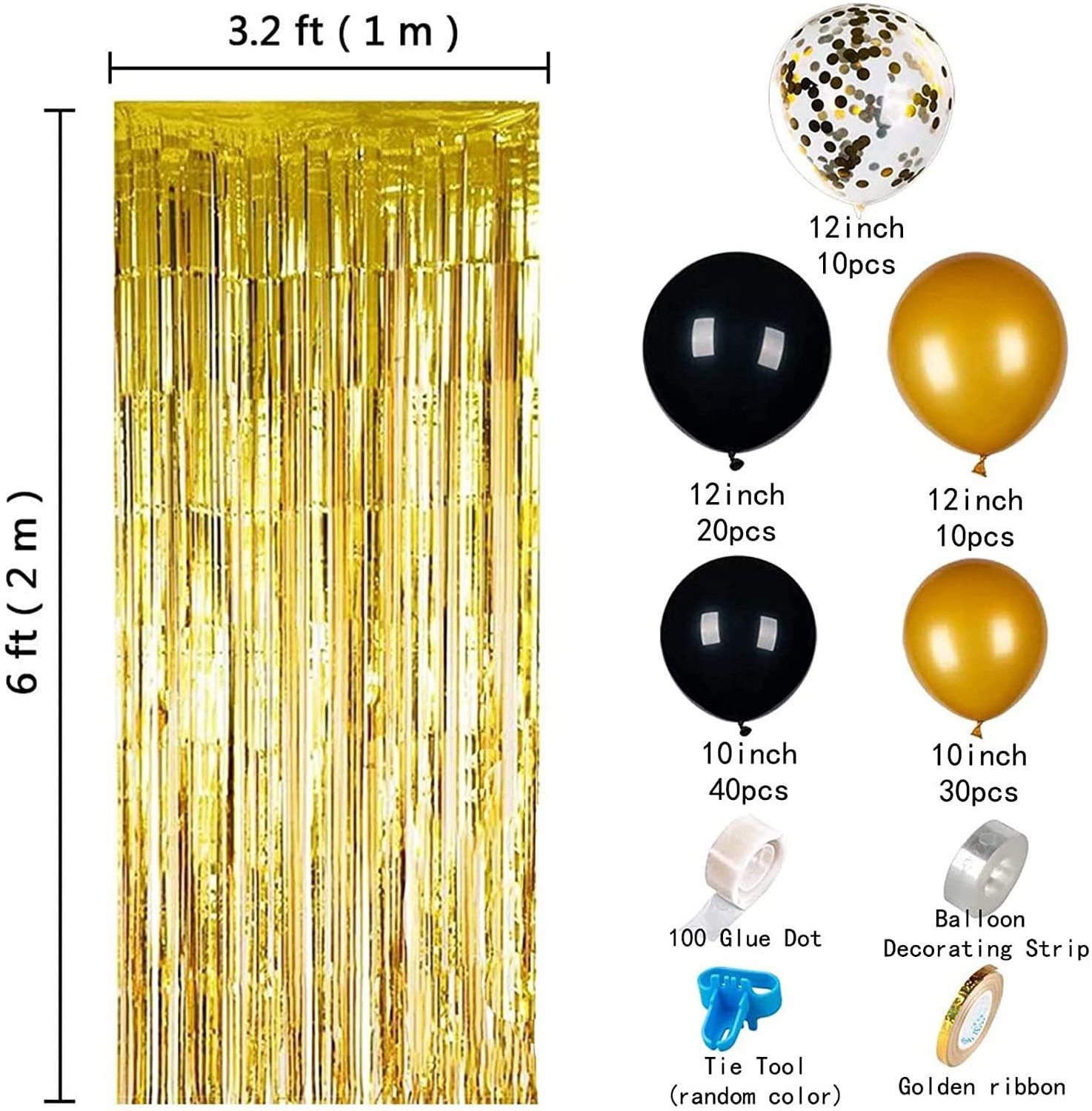 Black Gold Balloon Garland Arch Kit with Gold Tinsel Curtain for New Year Wedding Birthday Party Supplies Decorations