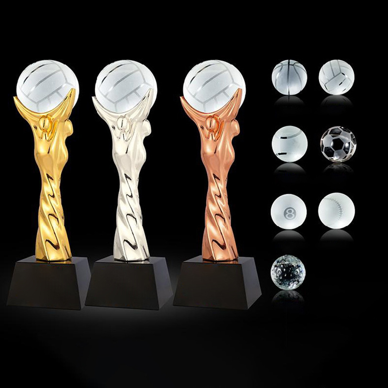 Shining Customized Colorful Imitated Coloured Glaze Crystal Award Trophy With Ball Free Logo Engraving Meeting Gifts