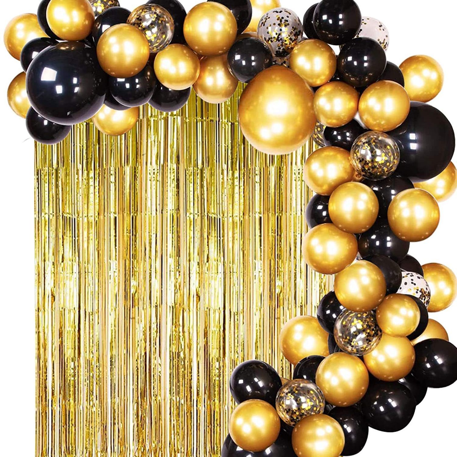 Black Gold Balloon Garland Arch Kit with Gold Tinsel Curtain for New Year Wedding Birthday Party Supplies Decorations