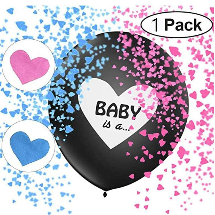 Boy or Girl Baby Shower Decoration Gender Reveal 36 inch Black large Latex Balloon With Blue And Pink Heart Paper Confetti