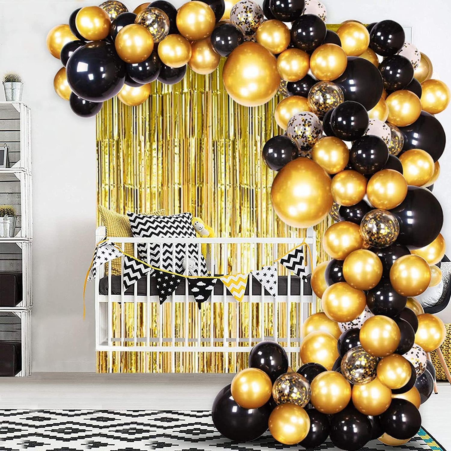 Black Gold Balloon Garland Arch Kit with Gold Tinsel Curtain for New Year Wedding Birthday Party Supplies Decorations