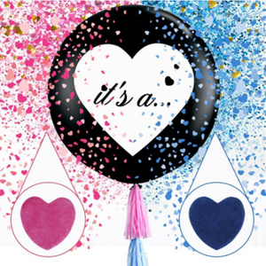 Boy or Girl Baby Shower Decoration Gender Reveal 36 inch Black large Latex Balloon With Blue And Pink Heart Paper Confetti