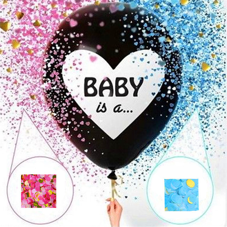 Boy or Girl Baby Shower Decoration Gender Reveal 36 inch Black large Latex Balloon With Blue And Pink Heart Paper Confetti