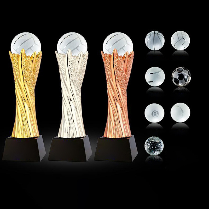 Shining Customized Colorful Imitated Coloured Glaze Crystal Award Trophy With Ball Free Logo Engraving Meeting Gifts