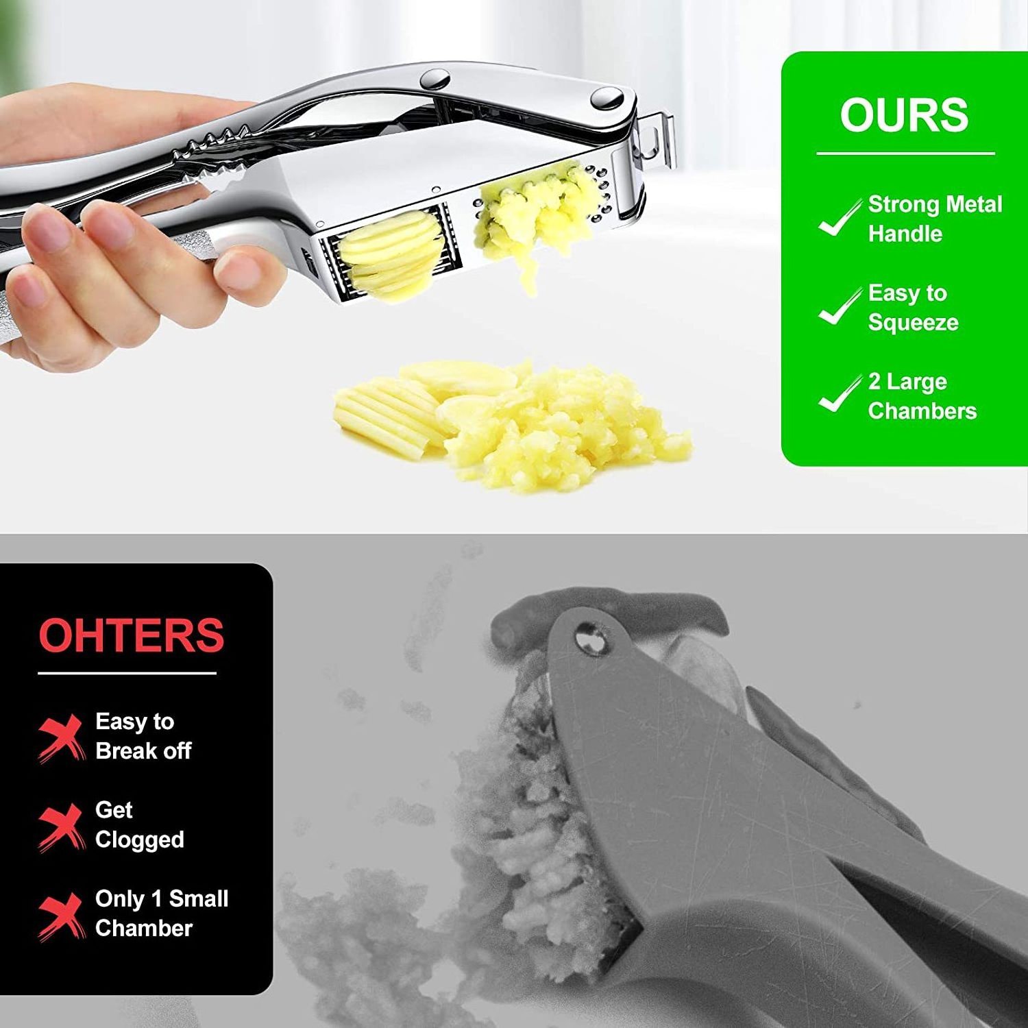 Hot sale 2 in 1 Manual Aluminum Alloy Stainless Steel Garlic Press Garlic Crusher Chopper