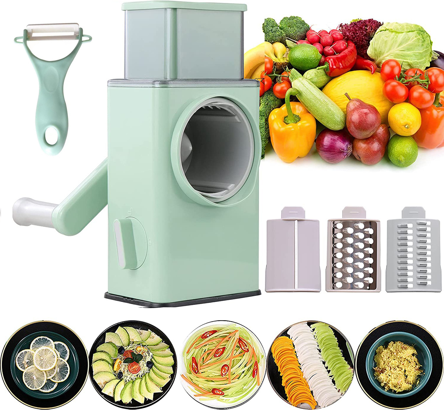 Kitchen 4 in 1 mandoline vegetable cutter salad chopper ginger slicer machine food grinder manual Drum Rotary Cheese Grater