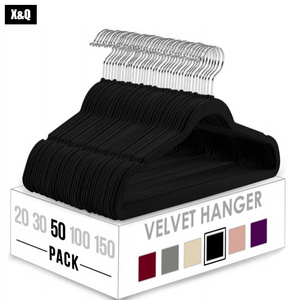 XIQI Factory Customization Logo Package Non-slip Ultra Thin Velvet Hangers Flocked Hangers with Tie Bar