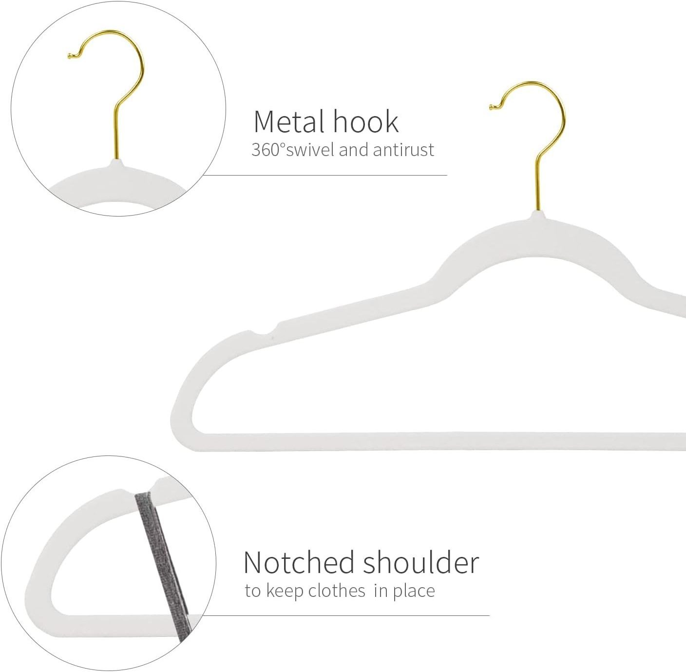 Velvet non-slip white hangers ultra-thin hangers with 360 degree rotating gold plated hooks