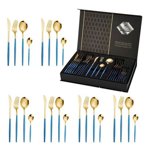 24 Piece wedding  Flatware Set Tableware Knives Forks and Spoons set golden cutlery for wedding gold flatware set with gift box