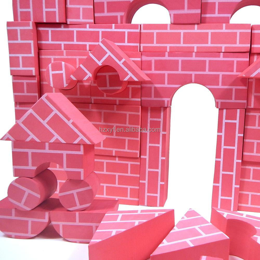 Red EVA Foam Building Block 68 PCS Mason String Foam Blocks with Mortar Lines Printing Geometric Shapes Role Play Bricks