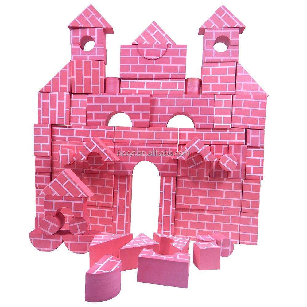 Red EVA Foam Building Block 68 PCS Mason String Foam Blocks with Mortar Lines Printing Geometric Shapes Role Play Bricks