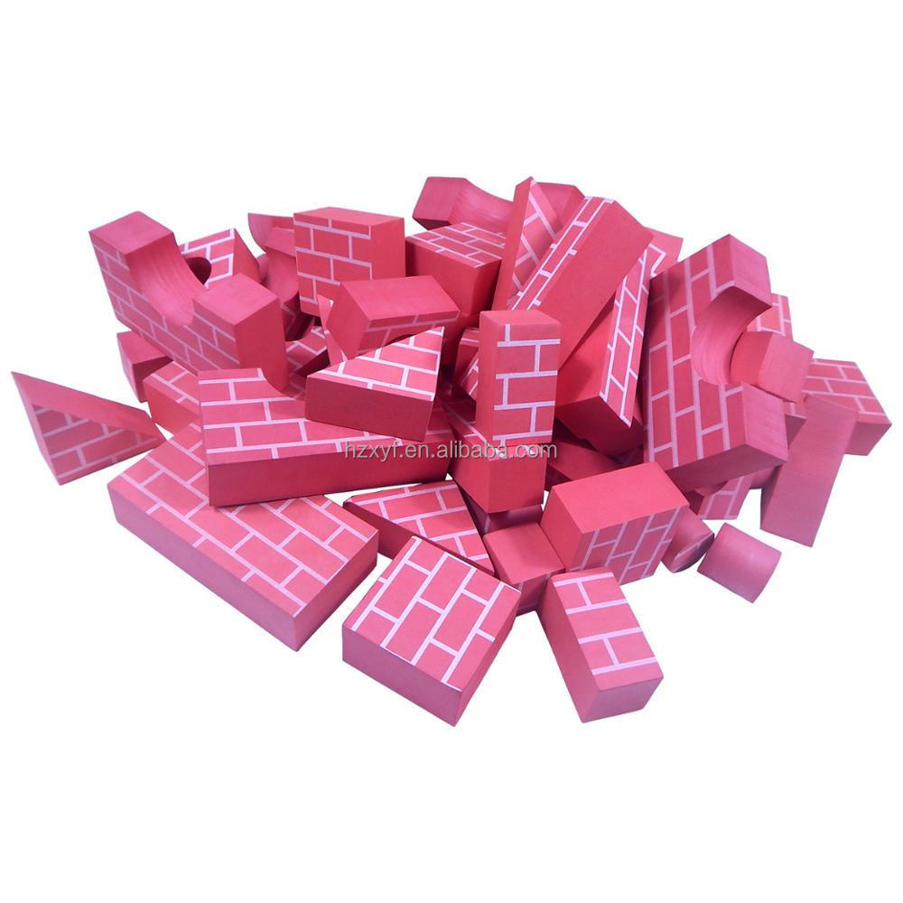 Red EVA Foam Building Block 68 PCS Mason String Foam Blocks with Mortar Lines Printing Geometric Shapes Role Play Bricks