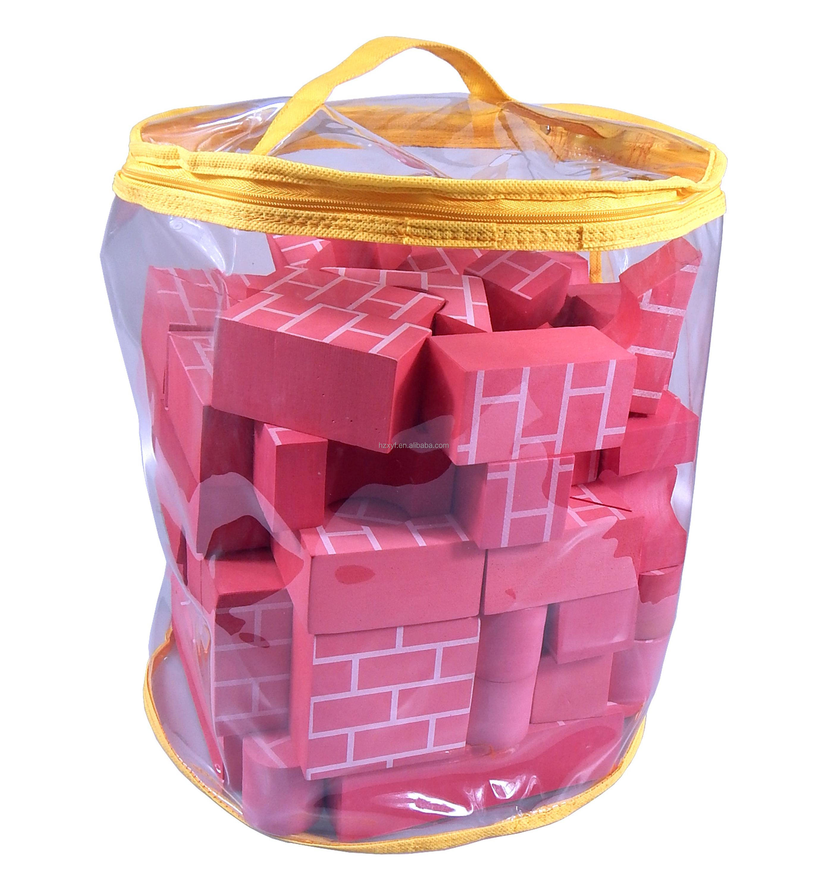 Red EVA Foam Building Block 68 PCS Mason String Foam Blocks with Mortar Lines Printing Geometric Shapes Role Play Bricks