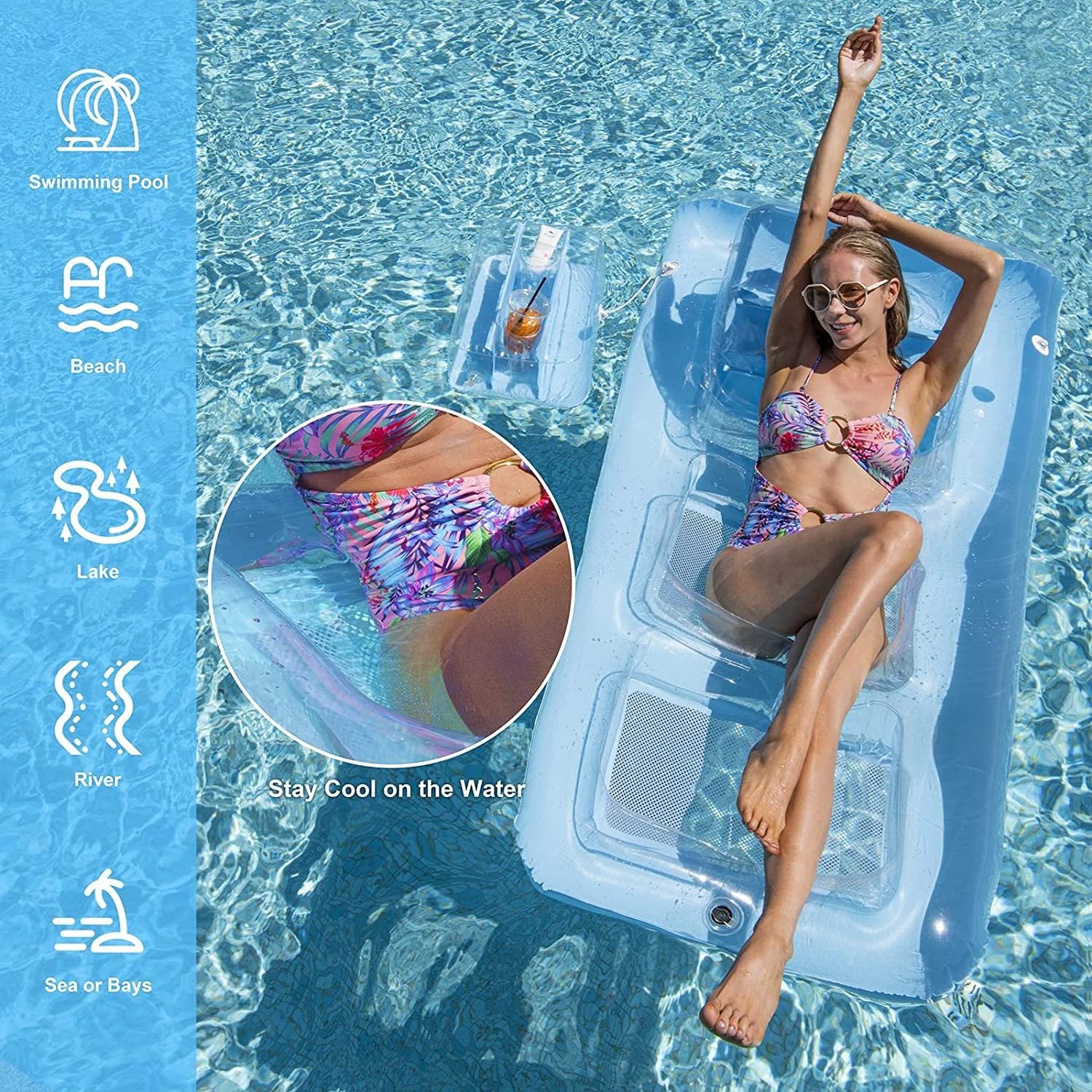 Inflatable Floats Blow Up Tanning Pool Lounger Float Adult Raft with Removable Pillow