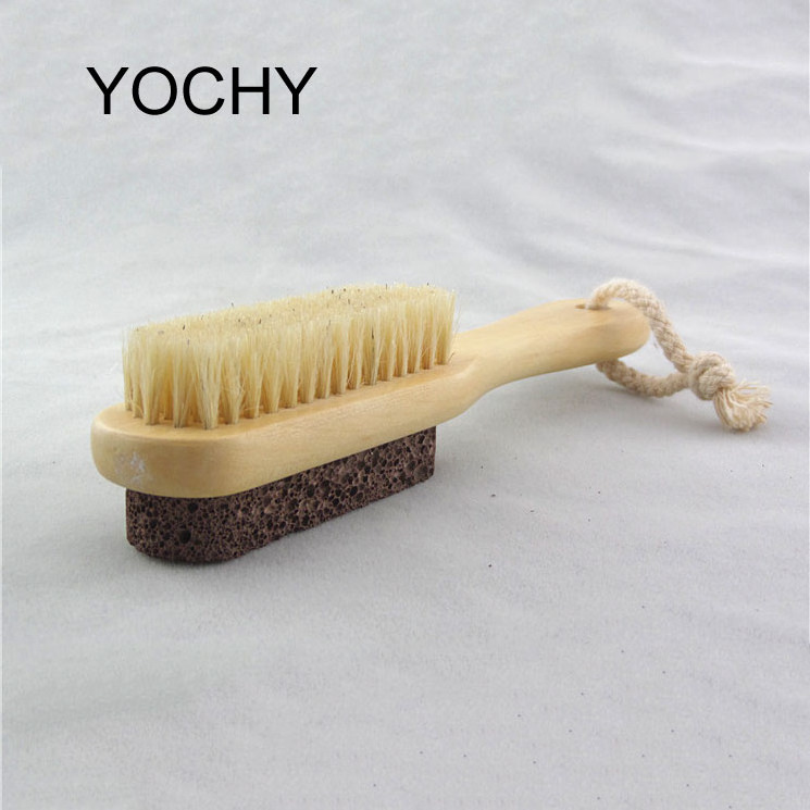 Double side Foot Care Bristle Scrub Brush Wooden Handle Pumice Stone Dead Skin Remover Exfoliator Pedicure Tool