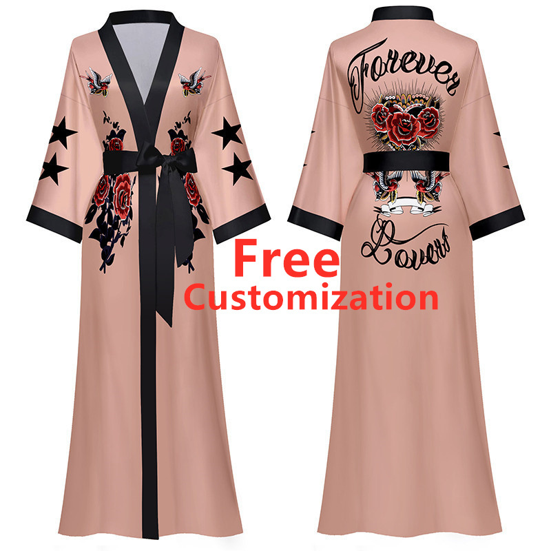 Wholesale kimono dressing gown letter print satin silk womens robe