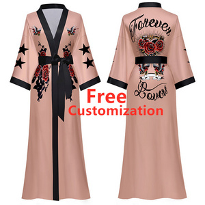 Wholesale kimono dressing gown letter print satin silk womens robe