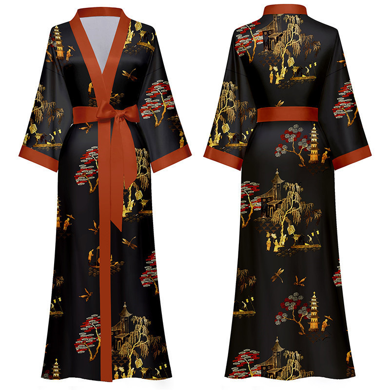 Wholesale kimono dressing gown letter print satin silk womens robe