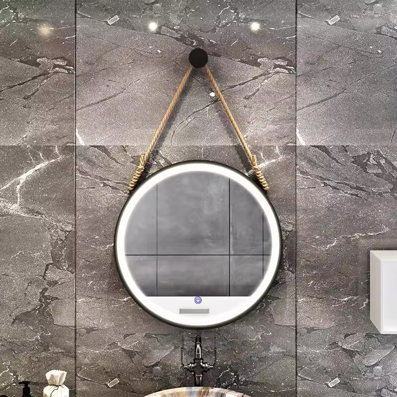 Hight quality Makeup Mirror Wall Hanging HD Mirrors Round with Hemp Rope Black Metal Frame