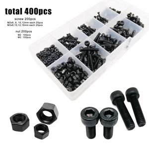 400pcs/box M2 M3 Black Grade 12.9 Steel DIN912 Screw Nut Set Assortment Kit Allen Hexagon Hex Socket Cap Head Screw Bolt