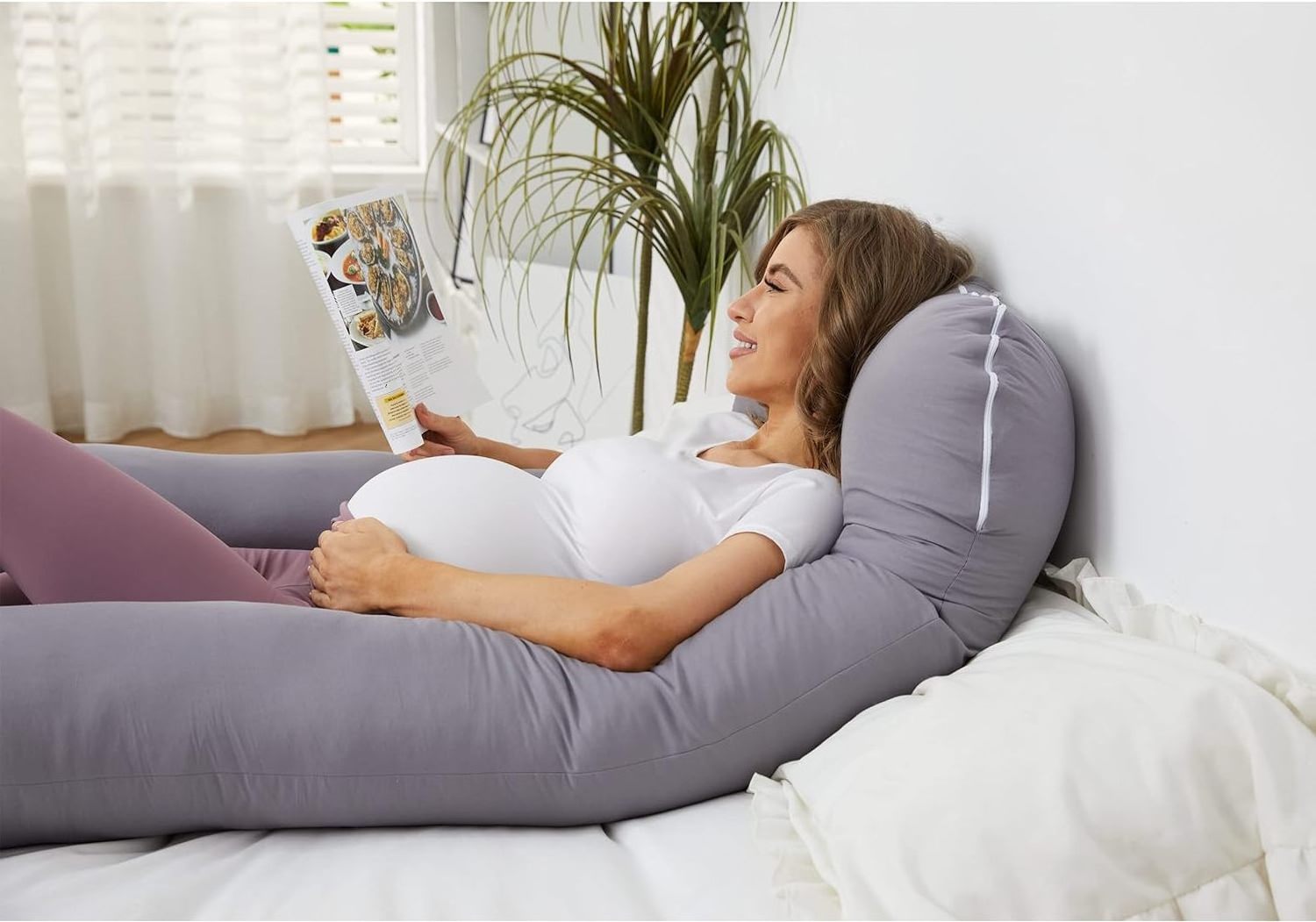 56 Inch with Grey Microfiber Removable Cover  Use and Support Back U Shaped Maternity Pregnancy Pillow for Women Sleeping