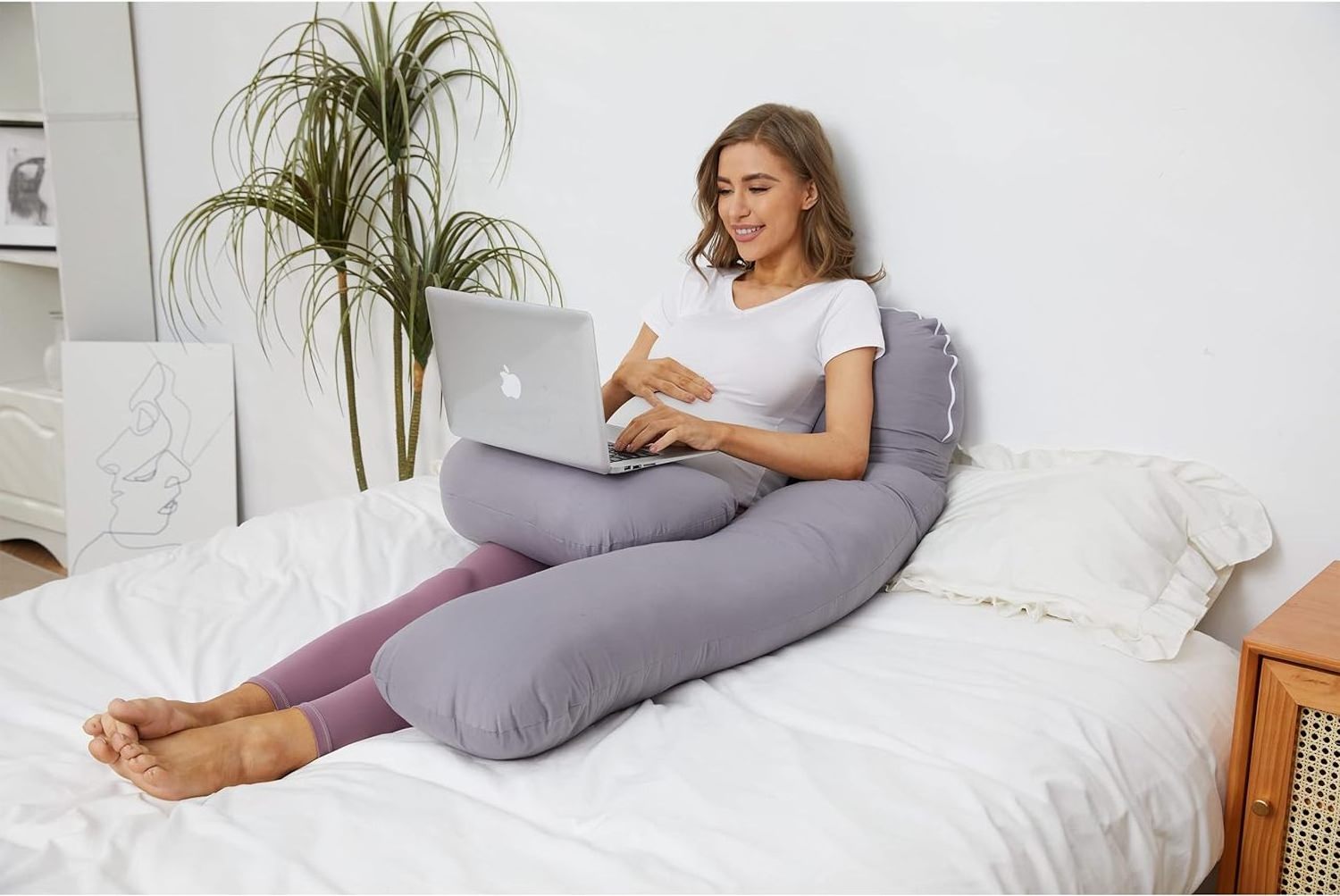 56 Inch with Grey Microfiber Removable Cover  Use and Support Back U Shaped Maternity Pregnancy Pillow for Women Sleeping