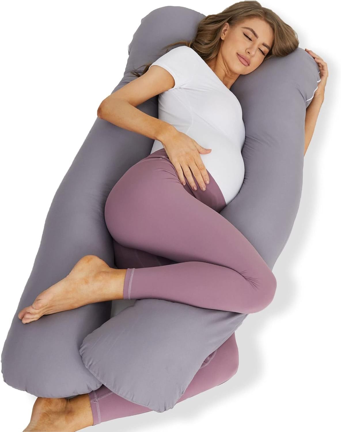 56 Inch with Grey Microfiber Removable Cover  Use and Support Back U Shaped Maternity Pregnancy Pillow for Women Sleeping